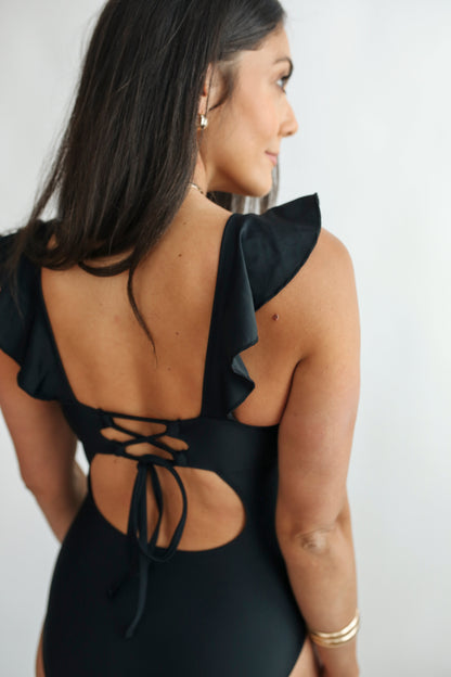 Lace Up Ruffle Neck One Piece Breastfeeding Swimsuit