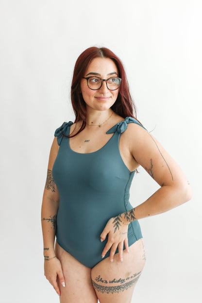 Ribbed One Piece Tie Shoulder Breastfeeding Swimsuit